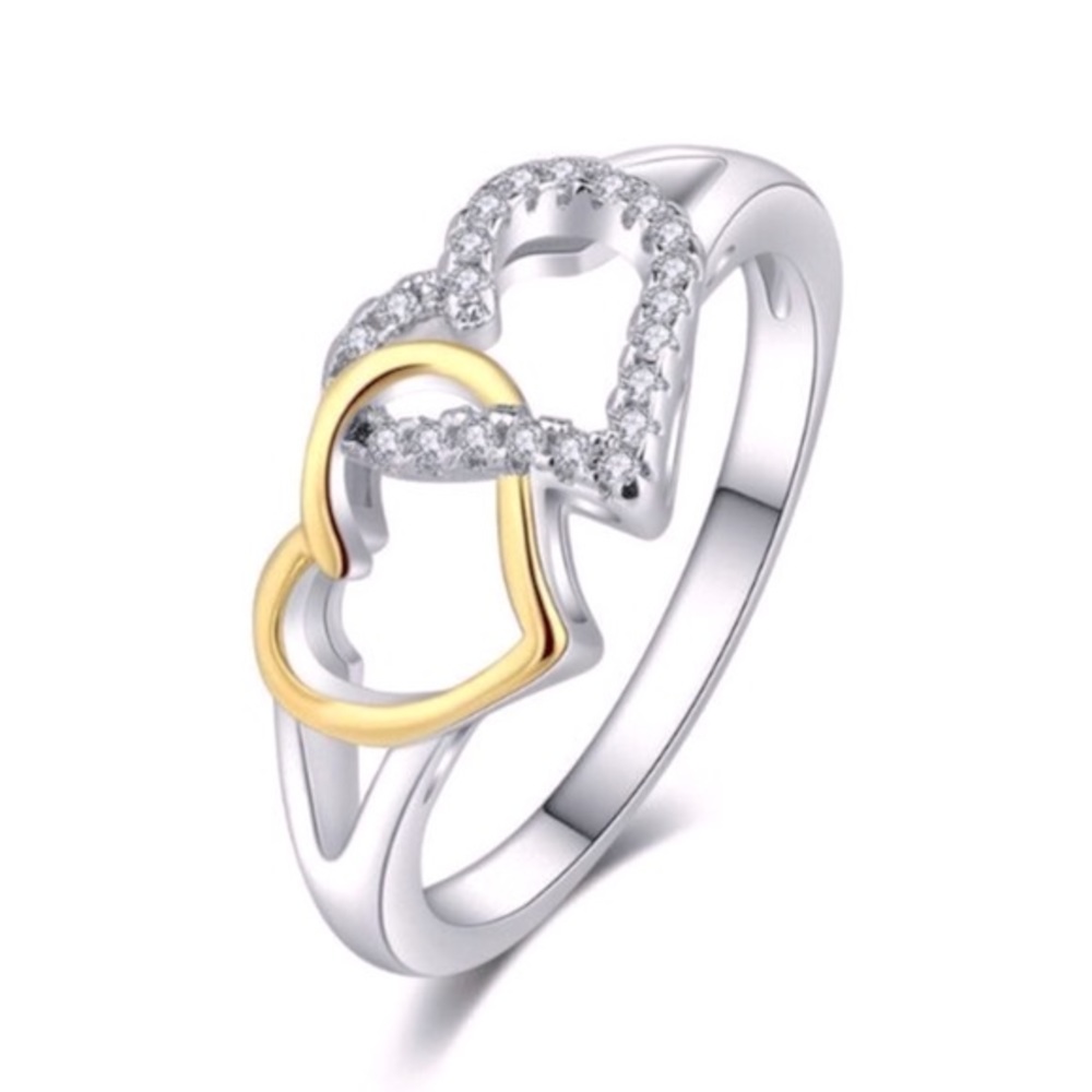 New Lovely Two-Tone 925 Silver White Sapphire Double Heart Ring
